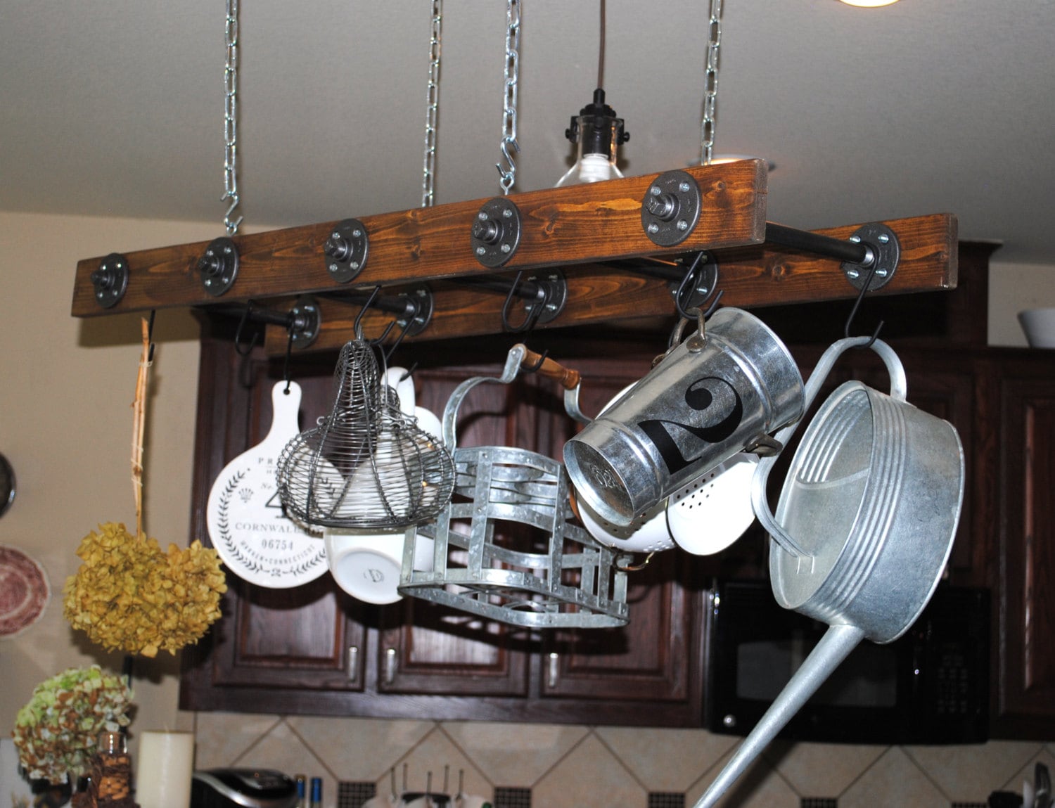 Walnut Stained Industrial Rustic Ladder Pot Rack Modern Pot Rack