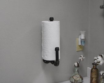 Vertical Industrial Iron Pipe Paper Towel Holder, Rustic Kitchen Decor