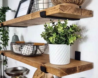 Floating Pinewood Shelf, Modern, Sleek J Shaped Heavy Duty Brackets, Wood Shelving, Bathroom Shelf, Modern Laundry Room shelving Coffee Bar