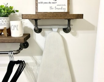 Rustic ironing board holder with top shelf.  Mudroom ironing board hanger.  Laundry room ironing board storage