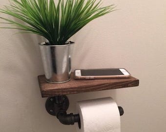 Industrial Pipe Toilet Paper Holder with Wood Shelf, Rustic Bathroom Decor