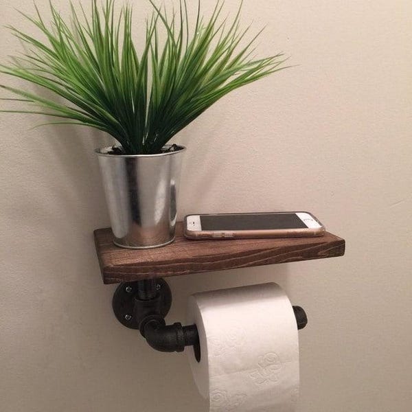Industrial Pipe Toilet Paper Holder with Wood Shelf, Rustic Bathroom Decor