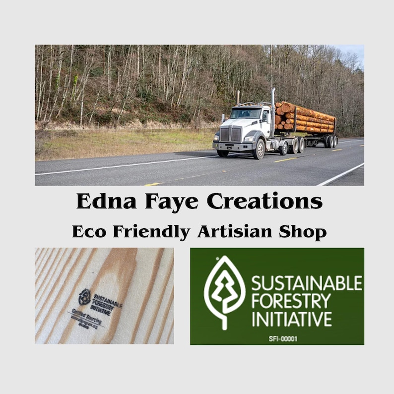 May include: A white semi-truck hauling logs on a highway, with a forest in the background. The image includes a close-up of wood grain and a green logo for Sustainable Forestry Initiative.