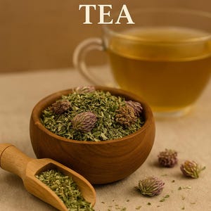 May include: A clear glass teacup filled with golden tea sits next to a wooden bowl and scoop filled with dried red clover. The text "RED CLOVER TEA" is at the top of the image.