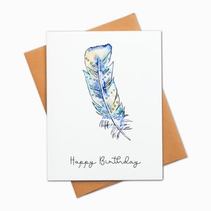 Verjaardagskaart, aquarel Feather Card, Set van 4 of 8, verjaardagskaarten, Notecard, Boho Feather verjaardagskaart set, aquarel verjaardagskaart