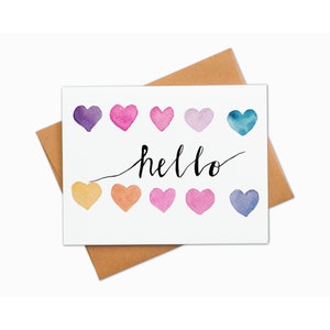 Tarjeta de San Valentín de acuarela, Tarjeta de notas en blanco, Tarjeta de día de Galentinos, Tarjeta de San Valentín, Acuarela de San Valentín, Tarjetas de notas de Hello con letras a mano