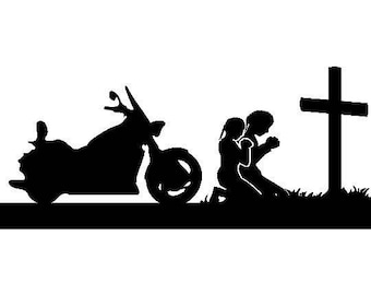 bikers biker man & woman motorcycle riders praying at cross vinyl decal sticker