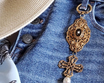 Belt Loop Charm with Vintage Brass Filigree Cross and Pearl Detail