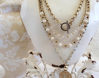 Layered Gold Chain Necklace with Pearls and Pendants, Multi Strand Statement Necklace