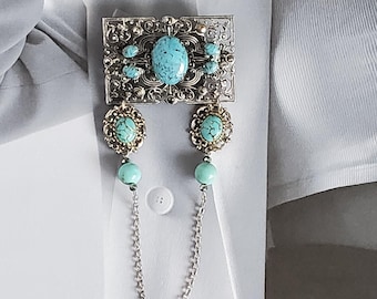 Vintage Turquoise Dangle Brooch Silver Filigree