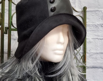 Women's Cloche Hat, Black Faux Leather and Suede, Art Deco Style