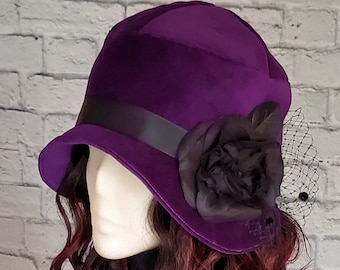 1920s Style Purple Flapper Hat with Black Floral and Veil Accents