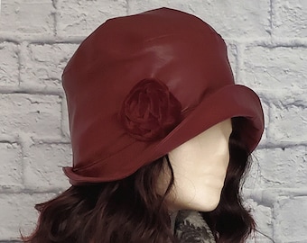 Burgundy Faux Leather Cloche Hat with Handmade Velvet Rose Accent