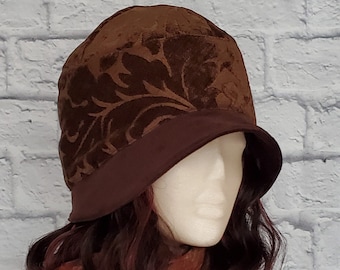 Vintage Style Cloche Hat for Women, Deep Brown with Leaf Motif, Wide Brim