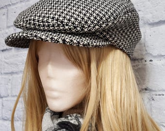 Flat Cap in Black and White Check, Lined Wool Blend, Handmade