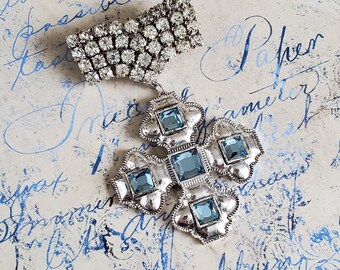 Vintage Rhinestone Brooch with Blue Crystal Cross