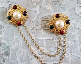 Double Pin Brooch with Faux Pearl Center, Jewel tone Accents and Decorative Chain