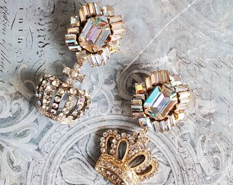 Double Crown Rhinestone Brooch Pin Set – Gold & Silver Crystal Crown Pins