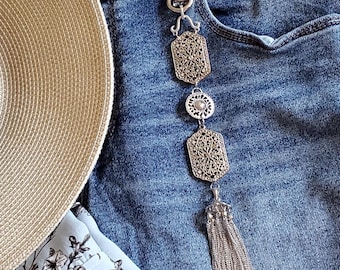 Handcrafted Belt Loop Charm with Silver Filigree Panels and Chain Tassel