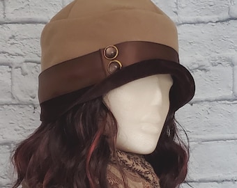 Tan Felt Cloche Hat Dark Brown Velvet Brim Vintage Style Flapper Cap