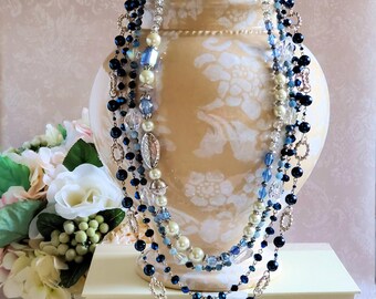Blue and Silver Statement Necklace, Four Strand Layered Necklace