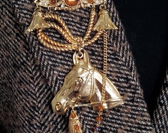 Equestrian Gold Horse Brooch with Amber Stones Tassels and Rhinestone Details