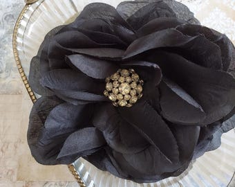 Black Silk Flower Pin with Vintage Crystal Centre Romantic Repurposed Jewellery