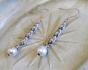 Pearl Drop Earrings with vintage Style Silver Filigree Links for Elegant Weddings