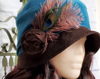 Cloche Hat, Teal and Brown Velvet, Feather Trim for Vintage Inspired Outfits