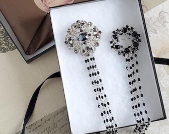 Victorian Style Black Rhinestone Double Brooch with Draped Chains