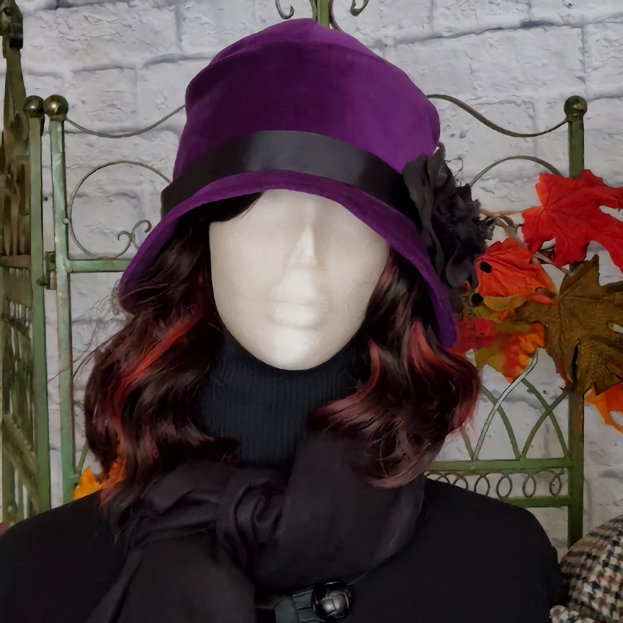 Wool and Velvet Purple Cloche Hat with Floral Accent 1920s Flapper Style 1920s Velvet Cloche Hat: Purple Flapper Style With Black  main image 4