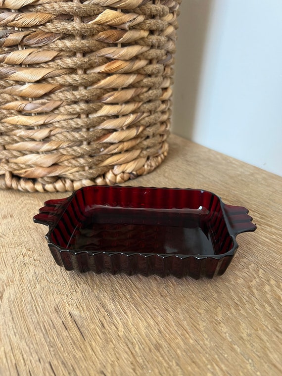 Vintage Ruby Red Rectangular Pressed Glass,  ribb… - image 1