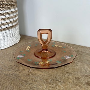 Vintage Handbemalte Rosa Depression Glas Griff Snack Sandwich Servierplatte