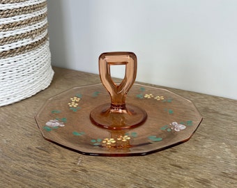 Vintage handmålad rosa Depression glashandtag Snack Sandwich serveringsfat