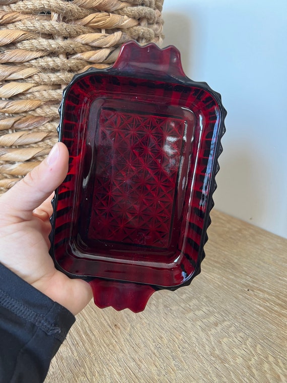 Vintage Ruby Red Rectangular Pressed Glass,  ribb… - image 5