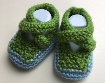 READY TO SHIP - Booties, Green and Blue Hand Knitted Baby Booties with Straps (Newborn Baby Gift) - 3 months