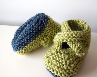 READY TO SHIP - Booties, Light Green and Dark Blue-Grey Hand Knitted Baby Booties with Straps (Newborn Baby Gift) - 3 months