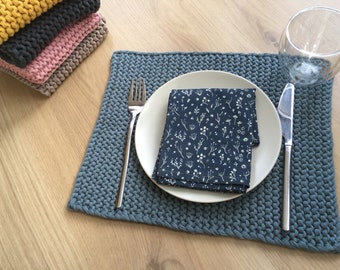 Napperon tricoté à la main, bleu-gris, tapis de table, nappe, linge de table, sous-verres faits à la main, table à manger décorée
