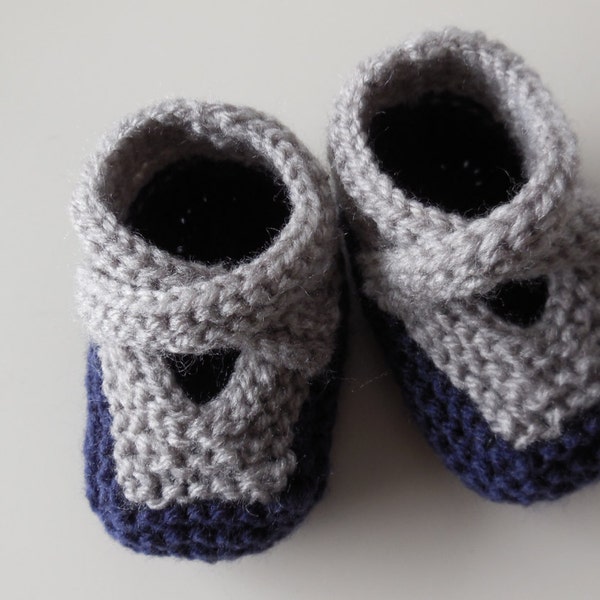 READY TO SHIP - Booties, Purple and Grey Hand Knitted Baby Booties with Straps (Newborn Baby Gift) - 6 months