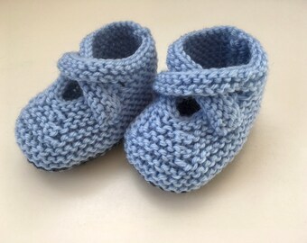 Booties, Light Blue and Dark Blue Hand Knitted Baby Booties with Straps (Newborn Baby Gift)