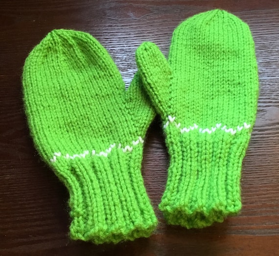 Dark Green /& White Stripey Kids Handmade Wool Mittens New