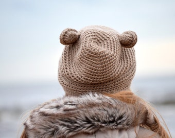 Bear costume hat with ears, bear costume kids adult, kids winter hat, animal hat, brown beige hat, Christmas gift for granddaughter, ilze