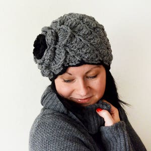 Elegant Hat with large crochet flower, Chunky Wool Grey Hat with Flower, Crochet flower Beanie for Adults and kids, Boho Woman Clothing