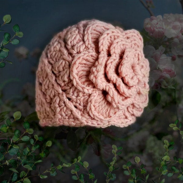 Gestrickte Mütze mit Blume für Neugeborene Baby Kleinkind Mädchen Frauen, gehäkelte Blume Beanie, Puderrosa Hut, Retro-Stil Hut, Geschenk für Sie