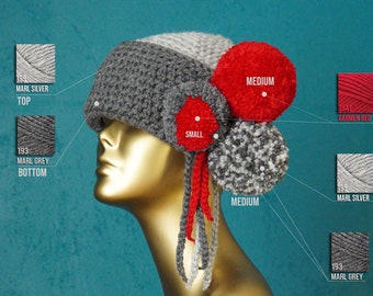 Winter hat with adjustable tie on POM POMS, grey with red hat, mix and match pom poms, Grey parrot hat, designer fashion hat, tribial style