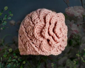 Knitted hat with BIG flower for newborn baby toddler girl women, crochet flower beanie, powder pink hat, retro style hat, Gift for Her