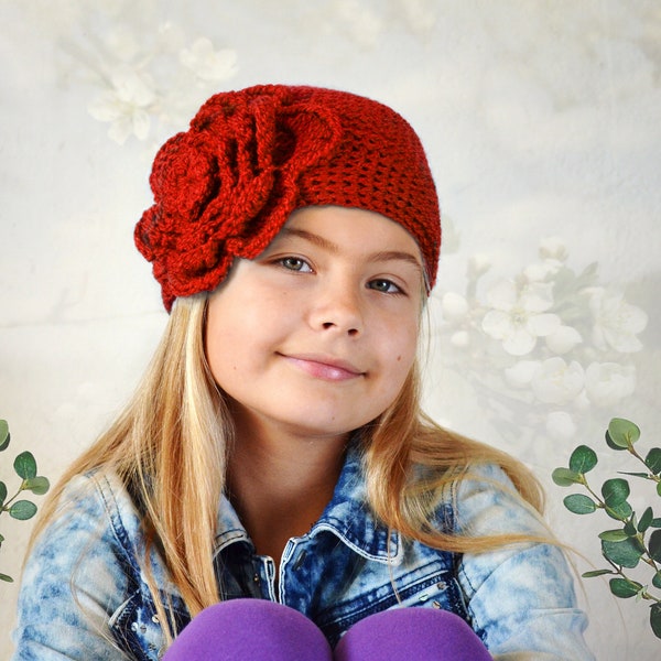 Hand-Knitted Merino Wool Hat with Crochet Flower - Elegant Red Beanie for Women, Retro Cloche Style - Perfect Gift for Her Wedding Accessory