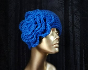 Royal Blue Chunky Knitted Winter Hat with Elegant Flower - 1920s Cloche Style - Mommy and Me Matching Outfits - Retro Inspired Gift for Her