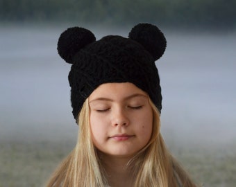 Double pom pom hat or hat with one pom pom ? mouse ears hat, two pom pom, knitted black winter hat for girl, mouse costume, mommy me outfit