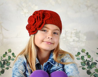 Hand-Knitted Merino Wool Hat with Crochet Flower - Elegant Red Beanie for Women, Retro Cloche Style - Perfect Gift for Her Wedding Accessory